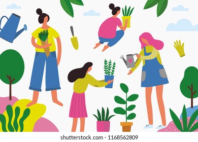 People plant trees. cartoon people and trees, garden, park, flowers. Green Planet. Vector illustration