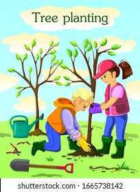 
People plant trees. Ecology and environmental issues. Greening the planet. Picture with text. Vector and illustration.