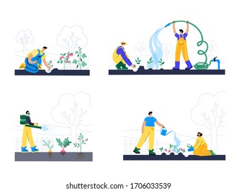 People plant, water and fertilize the sprouts. Growing vegetable, strawberry, potato, beet, tomato, carrot, cucumber. Adult male cartoon action characters. Gardening concept for poster, banner
