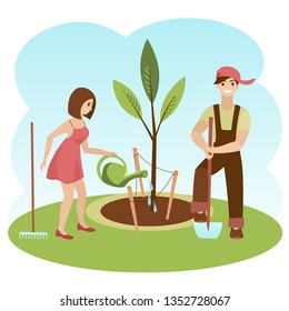 People planted a new green tree. A girl with a watering can and a young man with a shovel are smiling happily near the plant. Ecology idea, vector illustration.