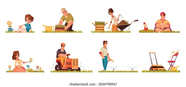 People planting cleaning mowing watering lawn sitting on green grass with flowers cartoon compositions set isolated vector illustration