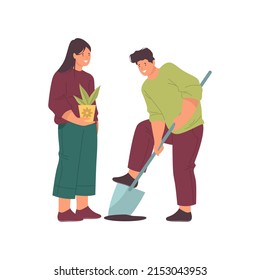 People planting flower in garden, vector banner