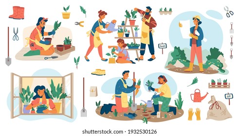 People planting flowers in garden, man and woman gardener s potting plants and veggies isolated flat cartoon set. Vector landscape designers and farming equipment. Spade, water can, flowerpots on sill