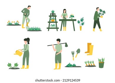 Personas plantando flores en el jardín, hombres y mujeres jardineros machacando plantas y verduras aisladas de dibujos animados planos. Diseñadores de paisajes vectoriales y equipos agrícolas. Espada, lata de agua, flor. Vector