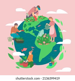 People planting and gardening, saving the planet. Flat characters. Vector illustration. Ecological background. Future environment, agrotourism, agriculture, ecology concept. Colorful graphic design