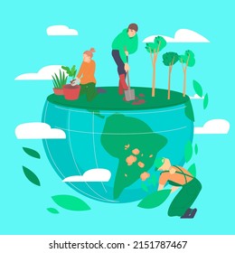 People planting and gardening, saving the planet. Flat characters. Vector illustration. Ecological background. Future environment, agrotourism, agriculture, ecology concept. Colorful graphic design