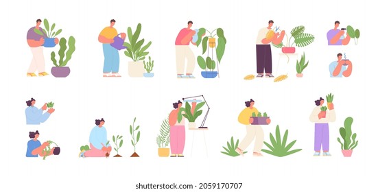 People planting hobby. Watering garden, woman gardening. Agriculture, plant in pot growth. Home garden, person care about flowers utter vector set