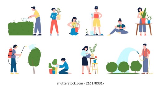 People planting home and garden plants. Ecology volunteer care greenery, recreative and transplanting greens and bush. Agriculture hobby recent vector set