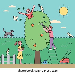 People are planting large orange trees. There are cute animals around. flat design style minimal vector illustration.