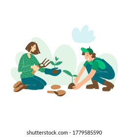 People are planting plants, gardening. Set of vector flat hand drawn illustrations of people doing garden job - planting, growing and transplant sprouts, self-sufficiency concept.