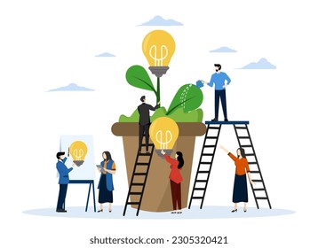 people planting potted plants, business team collaboration for the birth of creative ideas or solutions in business. business concept analysis. graphic design idea of project activity vector.