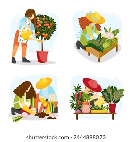 Personas de siembra, plántulas, cultivo de verduras y frutas. Concepto de jardinería casera, cultivo de alimentos saludables. Agricultores y jardineros haciendo trabajo o pasatiempo. Ilustración vectorial aislada sobre fondo blanco.