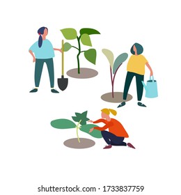 People planting and taking care of seedlings. Vector illustration in flat style. Spring and early summer agricultural work concept