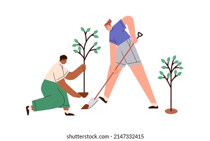 Gente plantando árboles. Un par de eco-voluntarios durante la actividad voluntaria en la naturaleza. Diversos hombres y mujeres trabajando juntos al aire libre. Ilustración vectorial gráfica plana aislada en fondo blanco