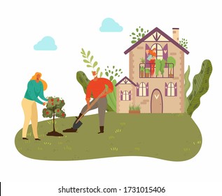 People planting tree in garden with country house, plants and gardening at nature, men with showel in garden isolated vector illustration. Gardeners in summer growing fruit tree.