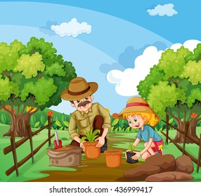 People planting tree in the garden illustration