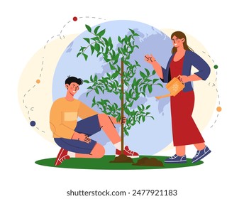 People planting tree. Man and woman against backdrop of planet. Eco activists and volunteers care about ecology and environment. Cartoon flat vector illustration isolated on white background