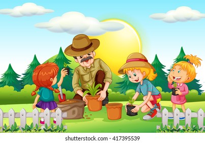 People planting tree in the park illustration