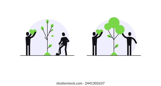 Gente plantando un árbol. Simples ilustraciones planas. Archivo vectorial.