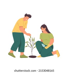 People planting a tree, vector banner or icon