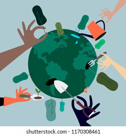 People planting trees all around the world illustration