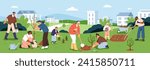 People planting trees in city park, garden, farm. Eco volunteers team, happy adults and kids work outside in nature together for ecology and environment conservation. Flat vector illustration