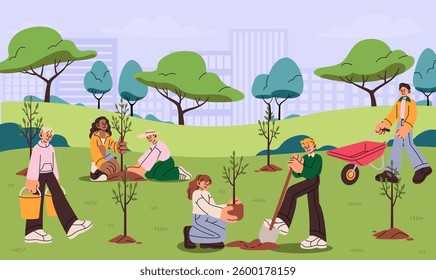 People planting trees in garden. City park. Conservation environment. Green growth in landscape gardening. Volunteers eco community. Men and women with saplings. Teamwork in skyline. Vector cityscape