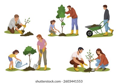 People planting trees and gardening together. Vector illustration