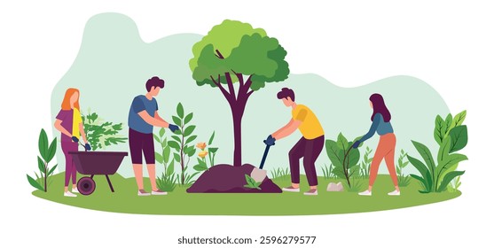 People planting trees, green grass, and leaves in flat vector illustration, People working in a garden or park nature concept design, isolated on a white background