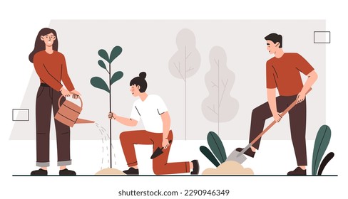 People planting trees. Man with shovel and woman with watering can near sprout. Activists and volunteers care about environment. Save planet poster or banner. Cartoon flat vector illustration