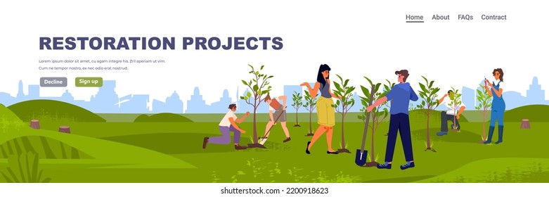 people planting trees in park restoration project CO2 limit emissions idea net zero emission carbon credit