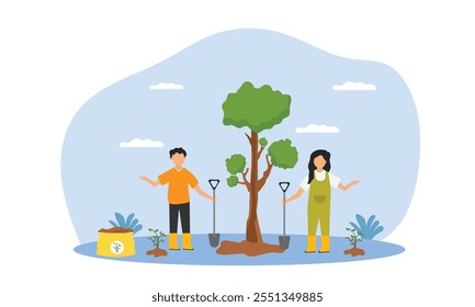 People planting trees and save earth. Characters care of plants to reduce Air Pollution, Reforestation and Planting Trees and watering Concept. Planting  Seedlings concept. flat vector illustration.