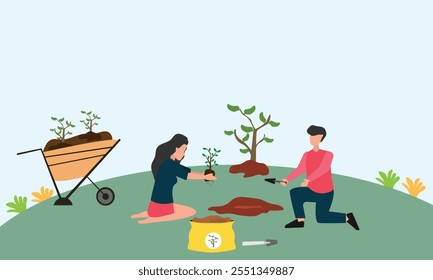 People planting trees and save earth. Characters care of plants to reduce Air Pollution, Reforestation and Planting Trees and watering Concept. Planting  Seedlings concept. flat vector illustration.