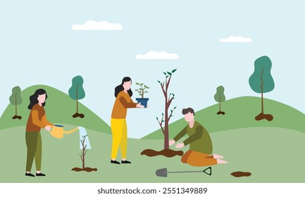 People planting trees and save earth. Characters care of plants to reduce Air Pollution, Reforestation and Planting Trees and watering Concept. Planting  Seedlings concept. flat vector illustration.