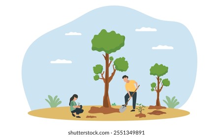 People planting trees and save earth. Characters care of plants to reduce Air Pollution, Reforestation and Planting Trees and watering Concept. Planting  Seedlings concept. flat vector illustration.