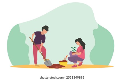 People planting trees and save earth. Characters care of plants to reduce Air Pollution, Reforestation and Planting Trees and watering Concept. Planting  Seedlings concept. flat vector illustration.