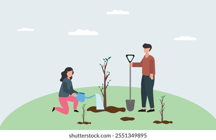 People planting trees and save earth. Characters care of plants to reduce Air Pollution, Reforestation and Planting Trees and watering Concept. Planting  Seedlings concept. flat vector illustration.