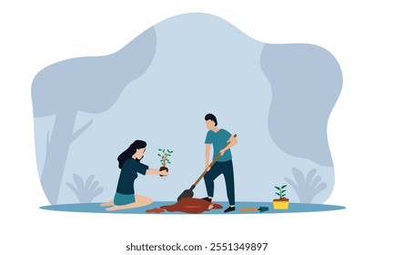 People planting trees and save earth. Characters care of plants to reduce Air Pollution, Reforestation and Planting Trees and watering Concept. Planting  Seedlings concept. flat vector illustration.