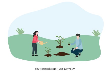 People planting trees and save earth. Characters care of plants to reduce Air Pollution, Reforestation and Planting Trees and watering Concept. Planting  Seedlings concept. flat vector illustration.