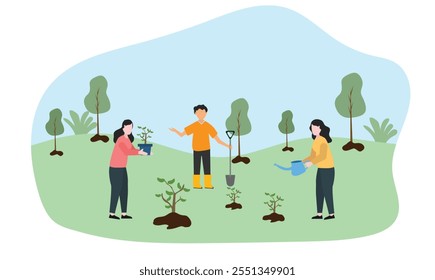 People planting trees and save earth. Characters care of plants to reduce Air Pollution, Reforestation and Planting Trees and watering Concept. Planting  Seedlings concept. flat vector illustration.