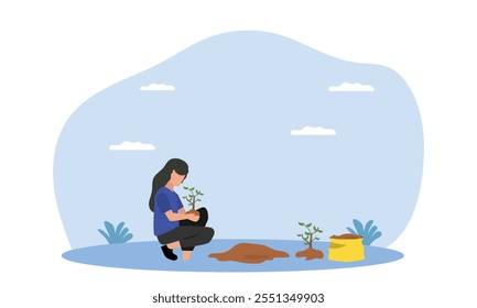 People planting trees and save earth. Characters care of plants to reduce Air Pollution, Reforestation and Planting Trees and watering Concept. Planting  Seedlings concept. flat vector illustration.