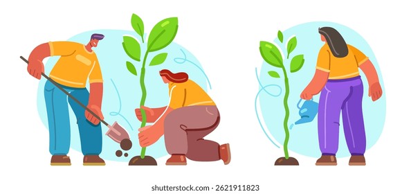 People planting trees and watering them. Working in garden, growing agricultural plants. Gardening, farming concept