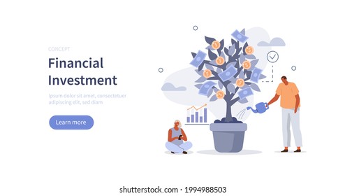 People сharacters planting, watering and harvesting money tree with gold coins on top. Investment, finance management and economic growth concept. Flat cartoon vector illustration.
