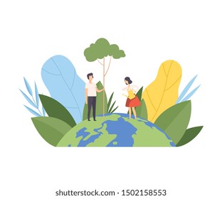 People Planting and Watering Tree, Volunteers Taking Care About Planet Ecology, Environment, Nature Protection Flat Vector Illustration