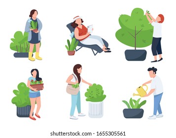 People with plants, gardeners and botanists flat color vector faceless characters set. Flower bed watering, bush trimming, greenery care isolated cartoon illustrations on white background