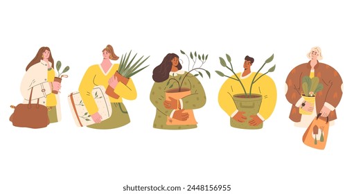 People with plants and gardening sampling isolated on white background. Horticulture gardener hobby characters set. Women and man portrait with home garden purchase. Vector flat illustration.