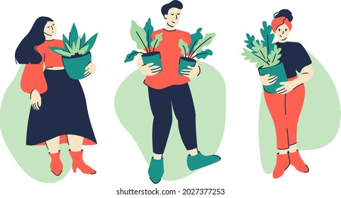 People with plants in hands, colorful