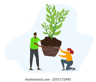 Personas plantas árboles plántulas. Trabajador agrícola de dibujos animados se encarga de los cultivos, jardinero crece arbusto. Guardar Personajes que tratan de proteger el planeta Tierra del cambio climático. Ilustración plana. 