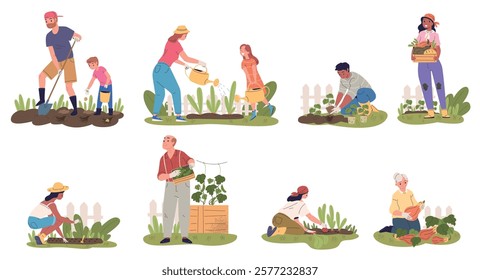 People plants vegetables. Farmers gardeners organic farm, agriculture gardening and harvesting family grandma grandpa garden work hobby plant seeds, set classy vector illustration original artwork