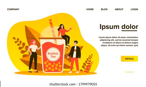 People with plastic cup of bubble milk tea. Happy tiny girls and guy drinking pink fruit boba beverage. Vector illustration for refreshment, summer, Asian fresh bar concept